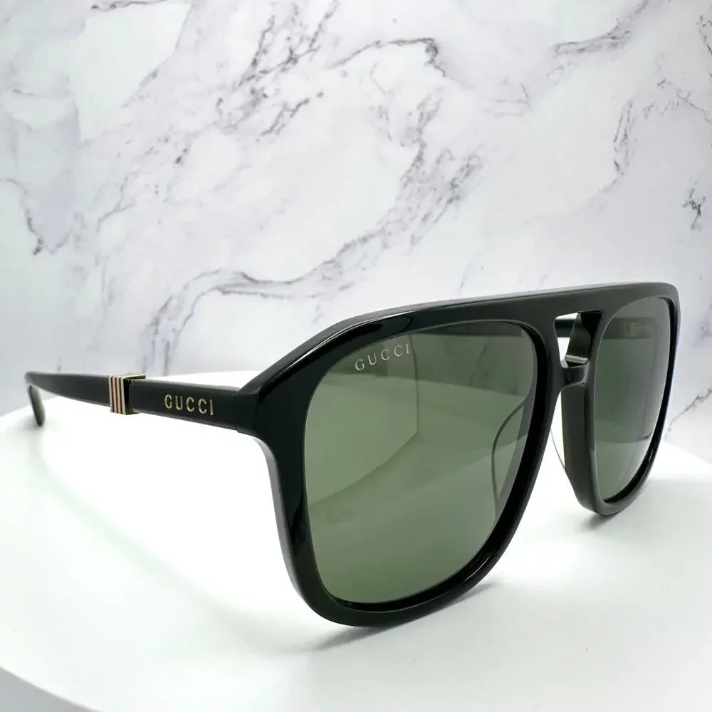 New GUCCI Sunglasses Black Aviator Pilot Gold Logo Metal Red Green Web Gucci